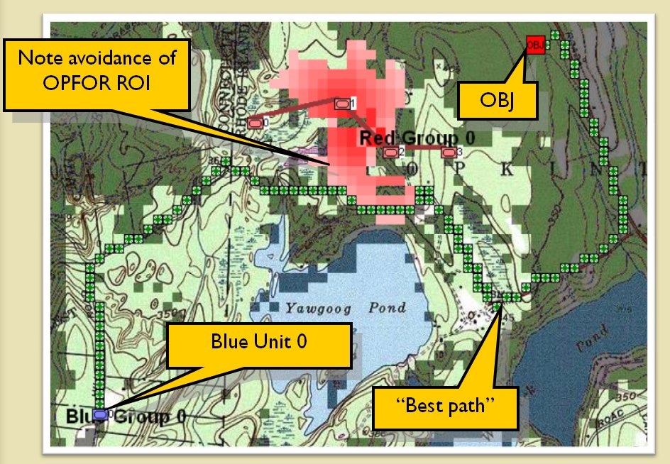 This image shows how MATE will calculate the least weighted path for a unit using roads, terrain and elevation and avoiding enemy weapons range for 'path weights'. (Click to enlarge.)