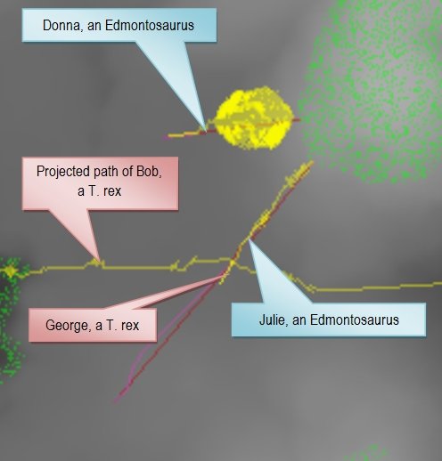 This screen capture taken 10 seconds later shows Donna approaching the Araucaria forest to the east and Julie climbing the hill towards the same forest to the northeast. George now sees that Julie is the closest prey and switches his attack to her (dark red line) and races toward her. (Click to enlarge).