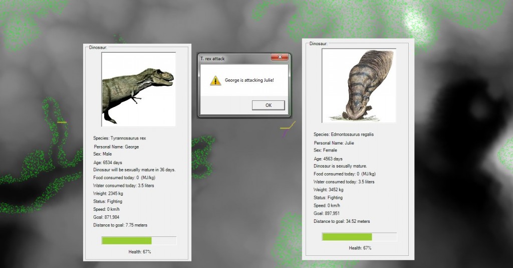 A T. rex named George successfully found, tracked, pursued and attacked an Edmontosaurus named Julie. Click to enlarge.